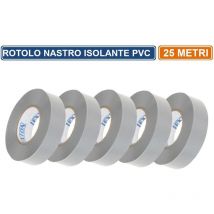 Confezione 5 pezzi nastro isolante in pvc grigio 25 metri spessore 0.13MM