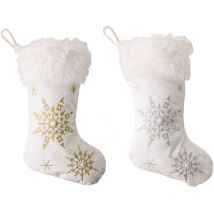 Aafgvc - Confezione da 2 calzini natalizi bianchi come la neve, morbidi calzini natalizi, ornamenti pendenti con fiocchi di neve ricamati in oro,