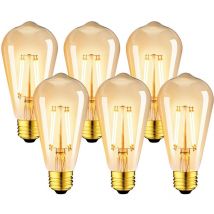 Confezione da 6 lampadine led Edison Vintage E27 da 6W - Lampadina a filamento ST64 2200K bianco caldo - Equivalente a una lampadina a incandescenza