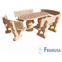Framusa - conjunto comedor piedra ovalado jardin ciruelo tostado con azulejos ocre