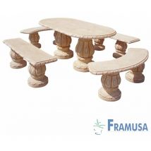 Framusa - conjunto comedor piedra ovalado jardin higuera natural ocre