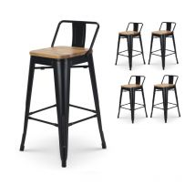 Kosmi - Conjunto de 4 taburetes de bar de metal negro mate de estilo industrial con respaldo y asiento en madera clara - Altura 66cm