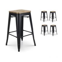 Conjunto de 4 taburetes de bar de metal negro mate de estilo industrial y asiento de madera clara - Altura 66 cm