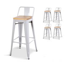 Conjunto de 4 taburetes de metal blanco mate de estilo industrial con respaldo y asiento de madera clara - Altura 76 cm