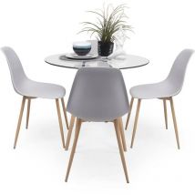 Homely - Conjunto de comedor tower cairo nordic 90, mesa redonda de cristal de 90 cm y 4 sillas cairo nordic gris claro