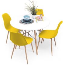 Conjunto de comedor TOWER CAIRO NORDIC, mesa redonda lacada en blanco de 100 cm y 4 sillas CAIRO MOSTAZA 90073
