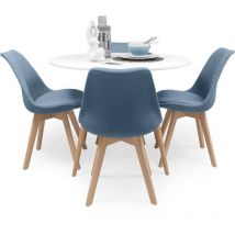 Homely - Conjunto de comedor tower day tela mesa redonda de lacada en blanco de 100 cm y 4 sillas new day tela azul turquesa