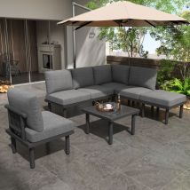 Conjunto de jardín de 5-6 plazas, muebles de exterior de cuerda, estructura de hierro galvanizado, patas ajustables, color gris