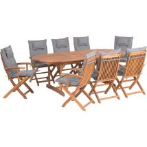 Conjunto de comedor de jardín de madera de acacia clara con cojines grises mesa extensible para 8 personas sillas rústicas Maui