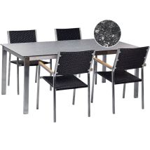 Beliani - Conjunto de jardín moderno 4 plazas de acero inoxidable mesa comedor tablero de vidrio sillas de ratán efecto granito negro