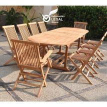 Concept-usine - Conjunto de muebles de jardín de teca maciza para 10 a 12 personas - Mesa ovalada + 8 sillas + 2 sillones Kajang