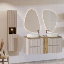 Conjunto de muebles con doble lavabo 140 cm 4 cajones y columna Riva Cachemira y Madera