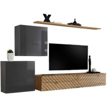 Conjunto de muebles de diseño para sala switch v, en colores gris y roble. Acabados en gris brillante y roble fresado.