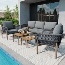 Neche - Conjunto de muebles de jardín de 5 plazas, sillones de jardín, sofá de 3 plazas, 2 sillones y 2 mesas de centro, acero galvanizado, gris