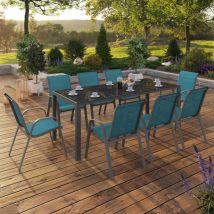Idmarket - Conjunto de muebles de jardín madrid mesa 190 cm y 8 sillas apilables azul pato