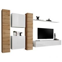 Conjunto de muebles de salón mural switch vi de diseño, en colores blanco brillante y roble Wotan.