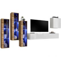 Meublorama - Conjunto de muebles para salón mural switch xiii diseño, color blanco brillante y roble Wotan.