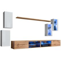 Meublorama - Conjunto de muebles de salón switch xxv – led – Blanco y Roble – Composición mural de diseño