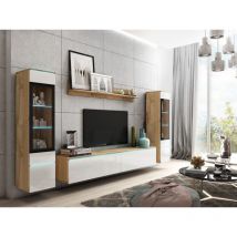 Bratex - Conjunto de muebles de salón vera ii, juego de muebles de salón, sin iluminación led, color wotan/blanco brillo