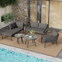 Conjunto de sofá de jardín de 4 plazas con cuerda tejida a mano, moderno conjunto de sofás de exterior, para balcón, piscina y terraza, color gris