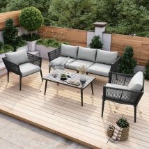 Conjunto de sofá de jardín de 5 plazas: sofá recto, 2 sillones + mesas de centro fijas, con cojines, cuerda tejida y metal, gris.