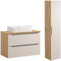Petits-meubles - Conjunto mueble lavabo individual 90cm y columna Mallory Beige y madera