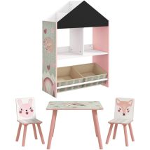 Zonekiz - Conjunto para niños incluye 1 estantería para juguetes con pizarra pintable 2 cajas de tela no tejida y 1 mesa infantil con 2 sillas rosa