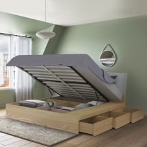 Lit double coffre avec système de levage sommier à lattes 160x200cm Design Steyr King - bois neutre