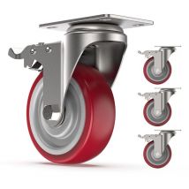 Set of 4 100 mm Ruote girevoli, Ruote Orientabili con Freno Rotelle per Letto e Mobili, Capacità di carico massima 400KG, Rosso - Coocheer
