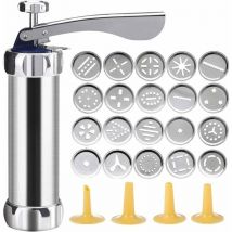Cookie Press Aluminum Cookie Press Set, Pastry Press with 20 Attachments and 4 Piping Attachments for Thin Dough, Stainless Steel, Silver