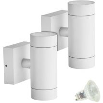 Set mit 2 weißen VENICE-Außenwandleuchten mit zwei Lichtstrahlen und 4 GU10-5-W-LED-Lampen Farbtemperatur: Warmweiß 2700K