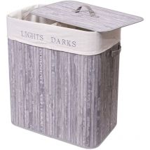 Panier à linge HHG-153, bac à linge, collecteur, bambou, 2 compartiments 63x55x34cm 100l, gris-bleu