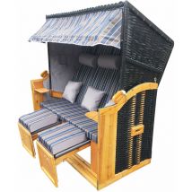 Corbeille de plage mer Baltique xxl 3 personnes 160 cm de large en osier rayée brun et bleu inclinaison complete housse de protection chaise longue