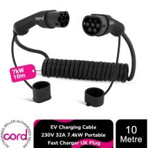 Cord Coiled 10m EV Charging Cable 230V 32A 7.4kW Portable Fast Charger UK Plug