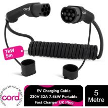 Cord Coiled 5m EV Charging Cable 230V 32A 7.4kW Portable Fast Charger UK Plug