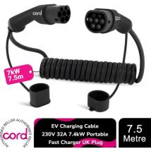 Cord Coiled 7.5m EV Charging Cable 230V 32A 7.4kW Portable Fast Charger UK Plug