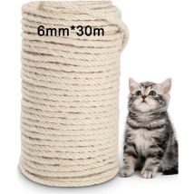 Corde en Sisal Naturelle 6mm×30M Corde en sisalpour Arbre à Chat Corde en sisal Idéal pour remplacer Poteaux de l'arbre à Chat pour