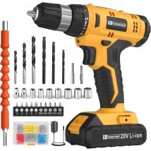 Cordless Drill Set, 20V Electric Power Drill with Battery and Charger, Torque 30N, 21+1 Torque Setting, 3/8-Inch Keyless Chuck, Drill Driver Bits