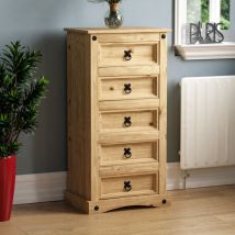 Corona 5 Drawer Narrow Chest of Drawer Solid Pine Bedroom Storage Furniture