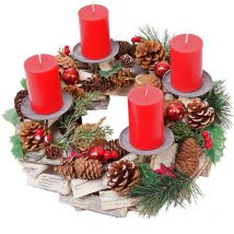 Corona de Adviento HHG 492, decoración navideña Arreglo de Adviento Arreglo navideño, madera redonda ø 33cm, incl. 4x velas rojas