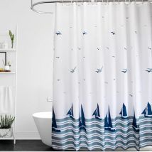 Linghhang - Cortina de ducha de 100 x 180 cm, con dobladillo con peso, antimoho, duradera, lavable, con diseño de velero azul náutico y ganchos.