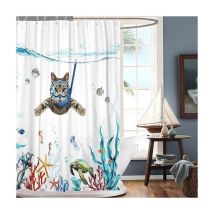 Yarona - Cortina de ducha de 180 x 180 cm, diseño de gato buceador en el océano, impermeable, lavable, de poliéster, antisecado, con 12 ganchos.