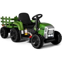 COSTWAY 12V 3-Gang Traktor mit abnehmbarem Anhänger und 2,4G Fernbedienung, Kinder Aufsitztraktor mit LED Lichtern, Musik, Hupe & USB Funktionen,