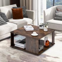 COSTWAY 2 Ebenen Couchtisch aus Holz, Wohnzimmertisch Vintage, Kaffeetisch quadratisch, Beistelltisch 80 x 80 x 40 cm