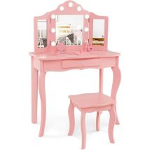 Costway - 2 en 1 Coiffeuse Enfants et Tabouret avec Miroir Amovible à Trois Volets & Lumières led, Table de Maquillage Princesse avec Tiroir de