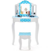 Costway - 2 en 1 Tocador de Maquillaje Niña con Taburete, Espejo Tríptico Extraíble y Cajón, Juego de Mesa de Princesa con Escritorio Desmontable