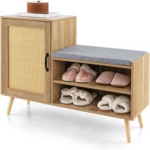 Costway - 2 en 1 Zapatero con Banco de Almacenamiento, Banco Zapatero de Ratán con 3 Estantes Ajustables, Cojín Extraíble, Patas de Madera de Pino