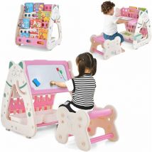 Costway - 3 en 1 Table Enfant/Chevalet Enfant Magnétiqueavec Tabouret Réglable en Hauteur, Bibliothèque Enfant avec Tableau Effaçable à Sec, 2 Boîtes