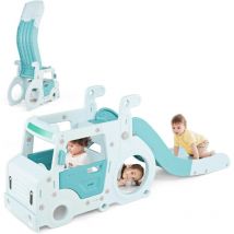 Costway - 3 en 1 Toboggan Enfant Pliable en Forme Bus avec Volant Simulé & Levier de Commande, Aire de Jeux Intérieur avec Tunnel Rampant & Zone