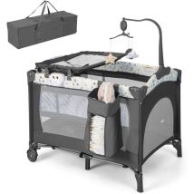 COSTWAY 4 en 1 Lit Parapluie Bébé avec Matelas & Table à Langer, Lit Bébé Evolutif avec 3 Jouets Mignons & Boîte à Musique, Sac de Transport,